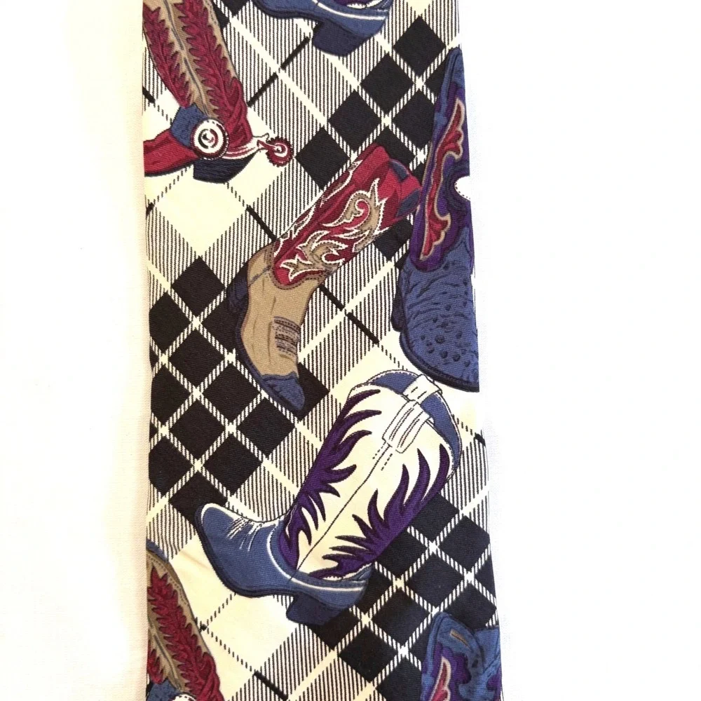 Gant Mens Silk Tie Plaid Cowboy Boots Western country Print Black White Blue USA